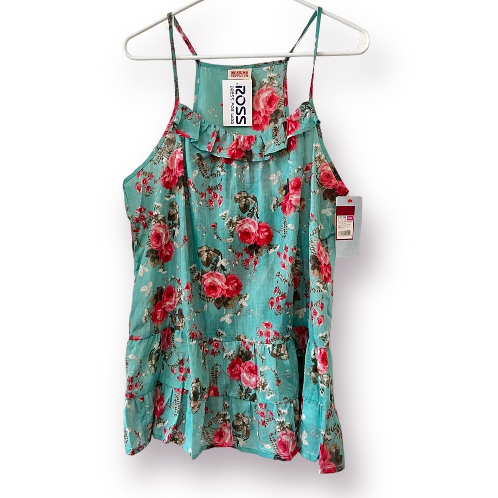 Mossimo Teal Turquoise Blue Pink Floral Tiered Ruffle Spaghetti Strap Tank NWT
